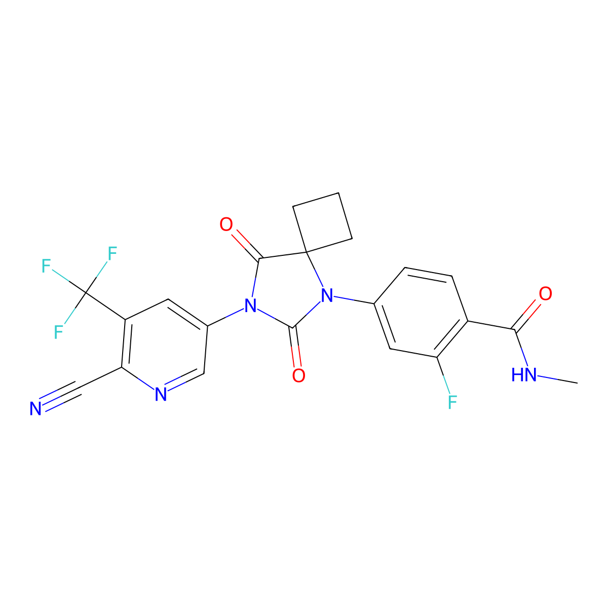4-(7-(6-Cyano-5-(trifluoromethyl)pyridin-3-yl)-6,8-dioxo-5,7-diazaspiro(3.4)octan-5-yl)-2-fluoro-N-methylbenzamide molecular structure, CAS 1332391-92-0