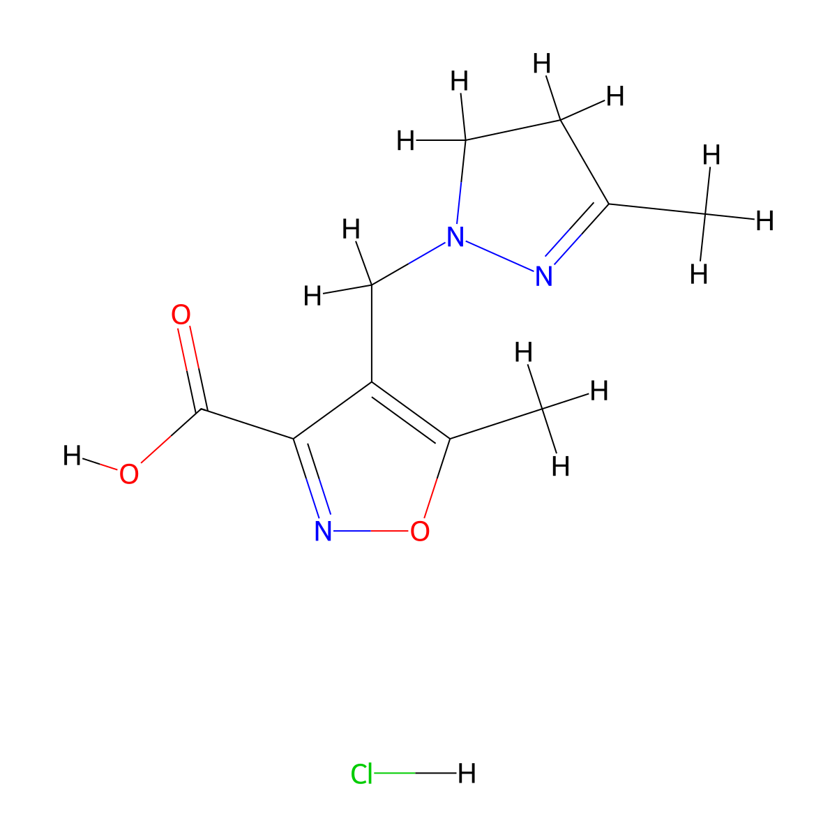 5-methyl-4-[(3-methyl-4,5-dihydro-1H-pyrazol-1-yl)methyl]isoxazole-3-carboxylic acid hydrochloride molecular structure, CAS 1332529-08-4
