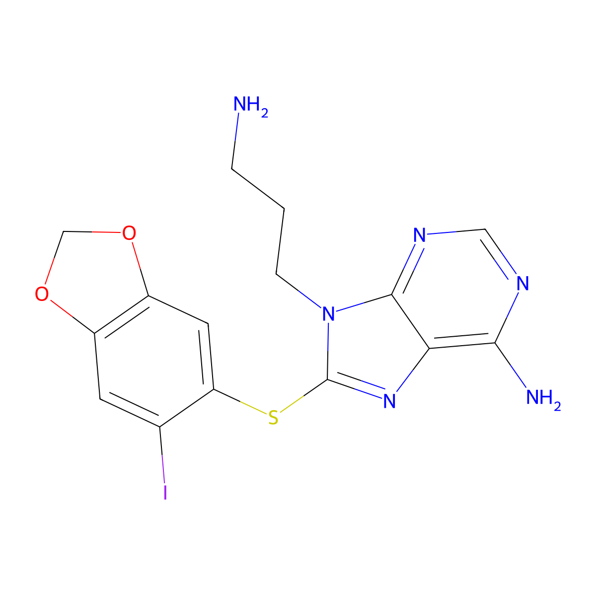 9-(3-Aminopropyl)-8-((6-iodobenzo-[d][1,3]dioxol-5-yl)thio)-9H-purin-6-amine molecular structure, CAS 1333155-97-7