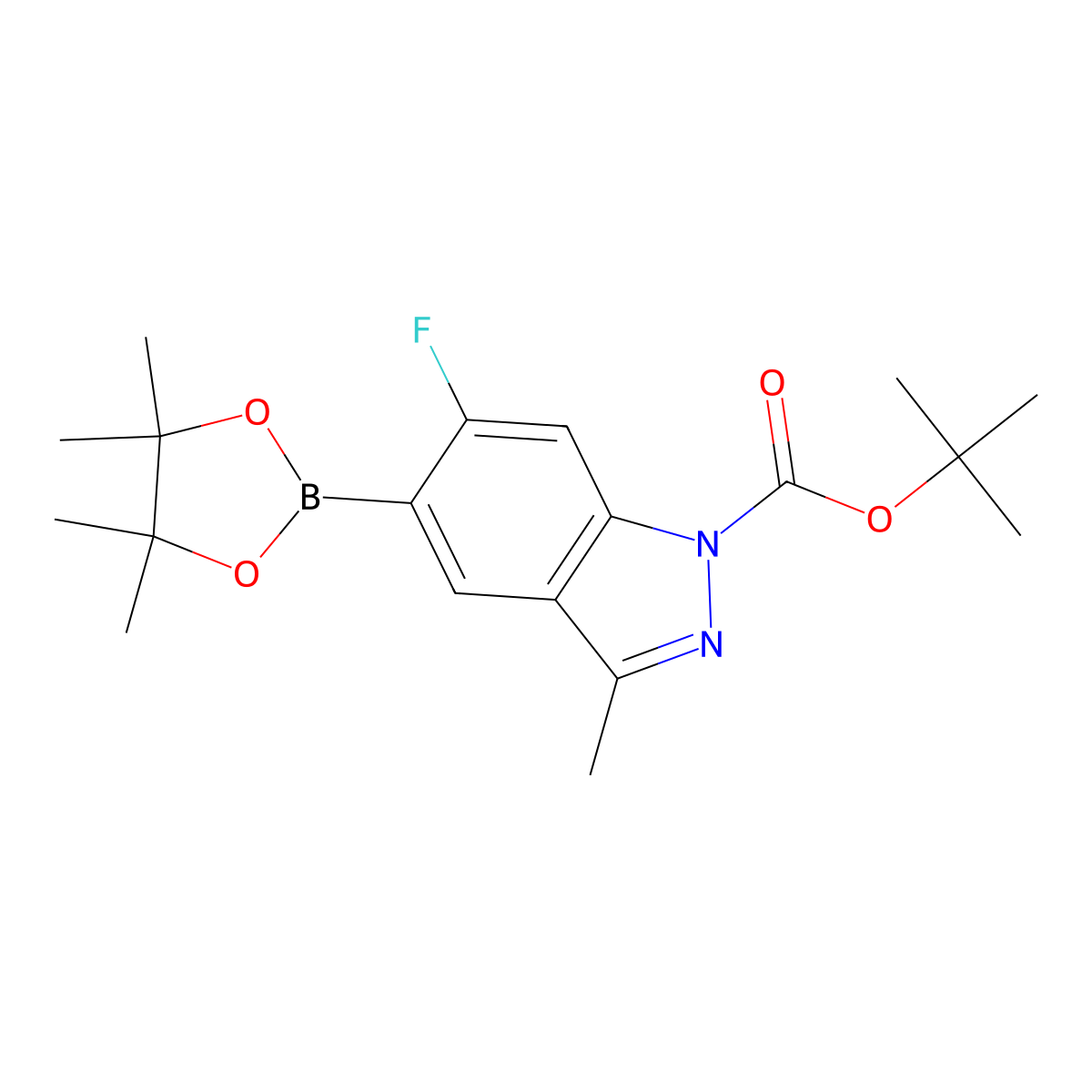 tert-butyl 6-fluoro-3-methyl-5-(4,4,5,5-tetramethyl-1,3,2-dioxaborolan-2-yl)-1H-indazole-1-carboxylate molecular structure, CAS 1333222-21-1
