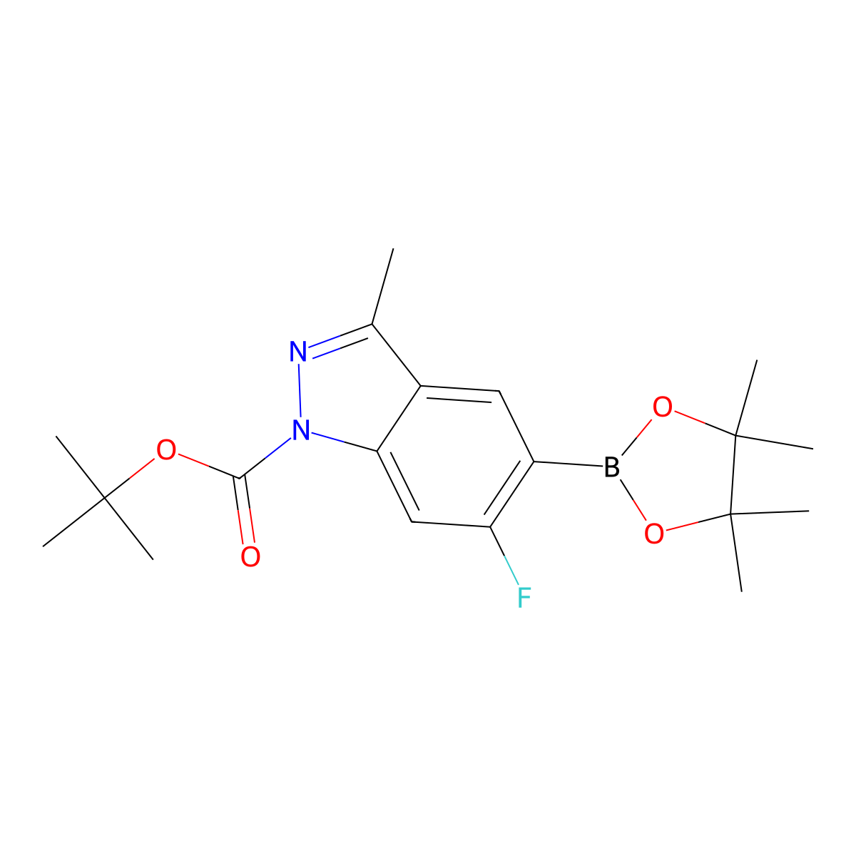 tert-butyl 6-fluoro-3-methyl-5-(4,4,5,5-tetramethyl-1,3,2-dioxaborolan-2-yl)-1H-indazole-1-carboxylate molecular structure, CAS 1333222-21-1