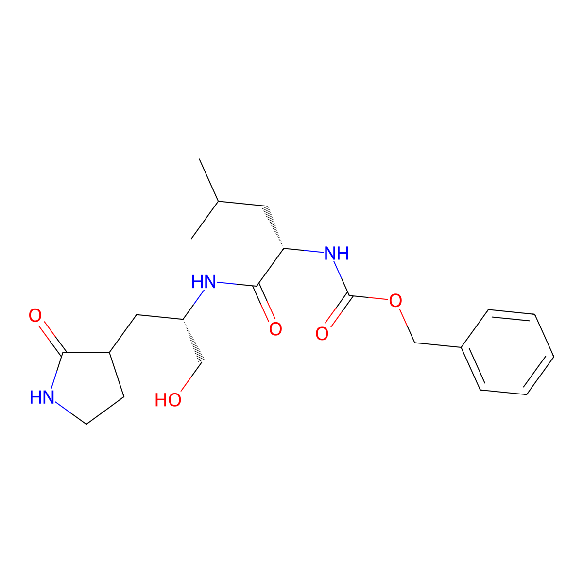 Benzyl ((2S)-1-(((2S)-1-hydroxy-3-(2-oxopyrrolidin-3-yl)propan-2-yl)amino)-4-methyl-1-oxopentan-2-yl)carbamate molecular structure, CAS 1333231-43-8