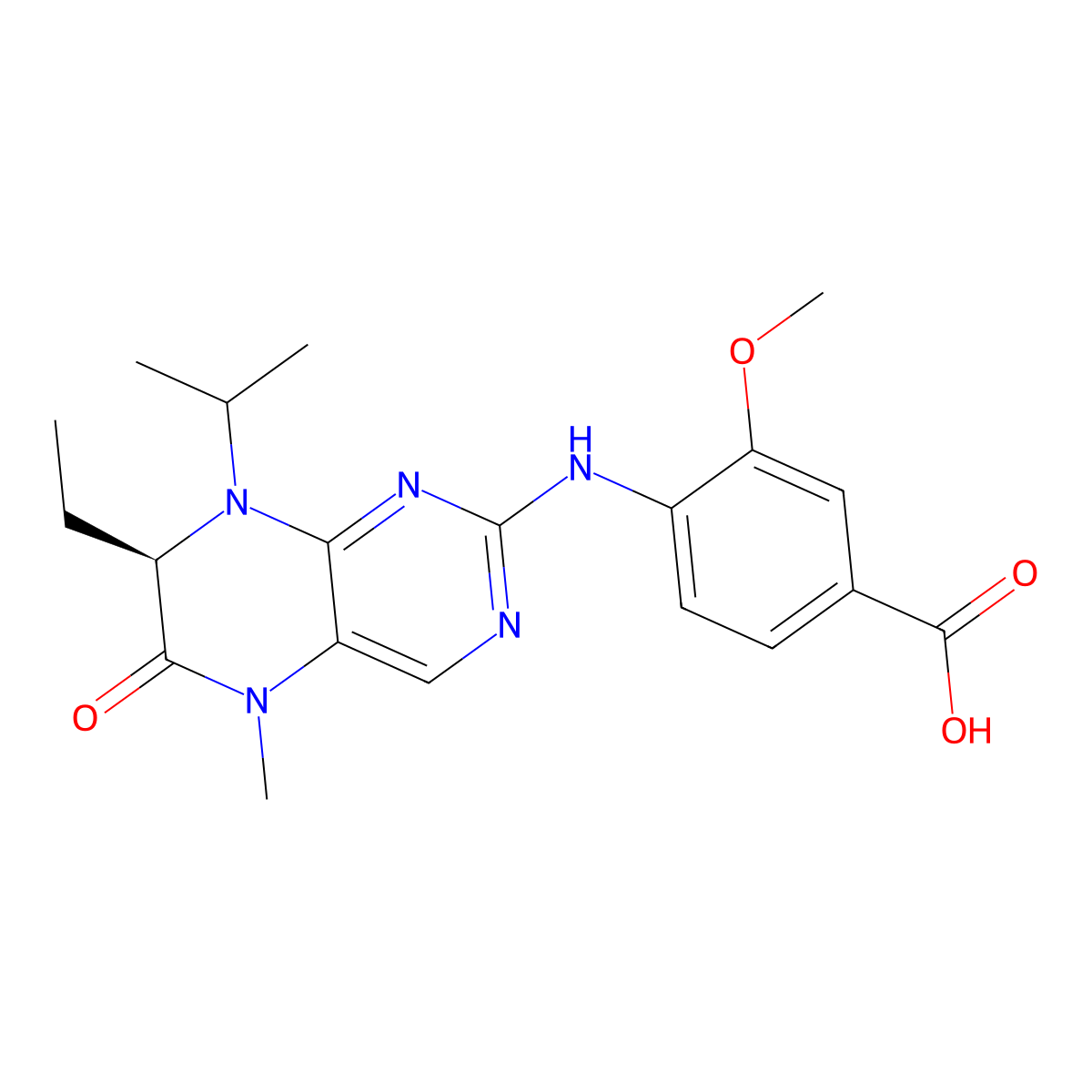 (R)-4-(7-Ethyl-8-isopropyl-5-methyl-6-oxo-5,6,7,8-tetrahydro-pteridin-2-ylamino)-3-methoxy-benzoic acid molecular structure, CAS 1333493-13-2