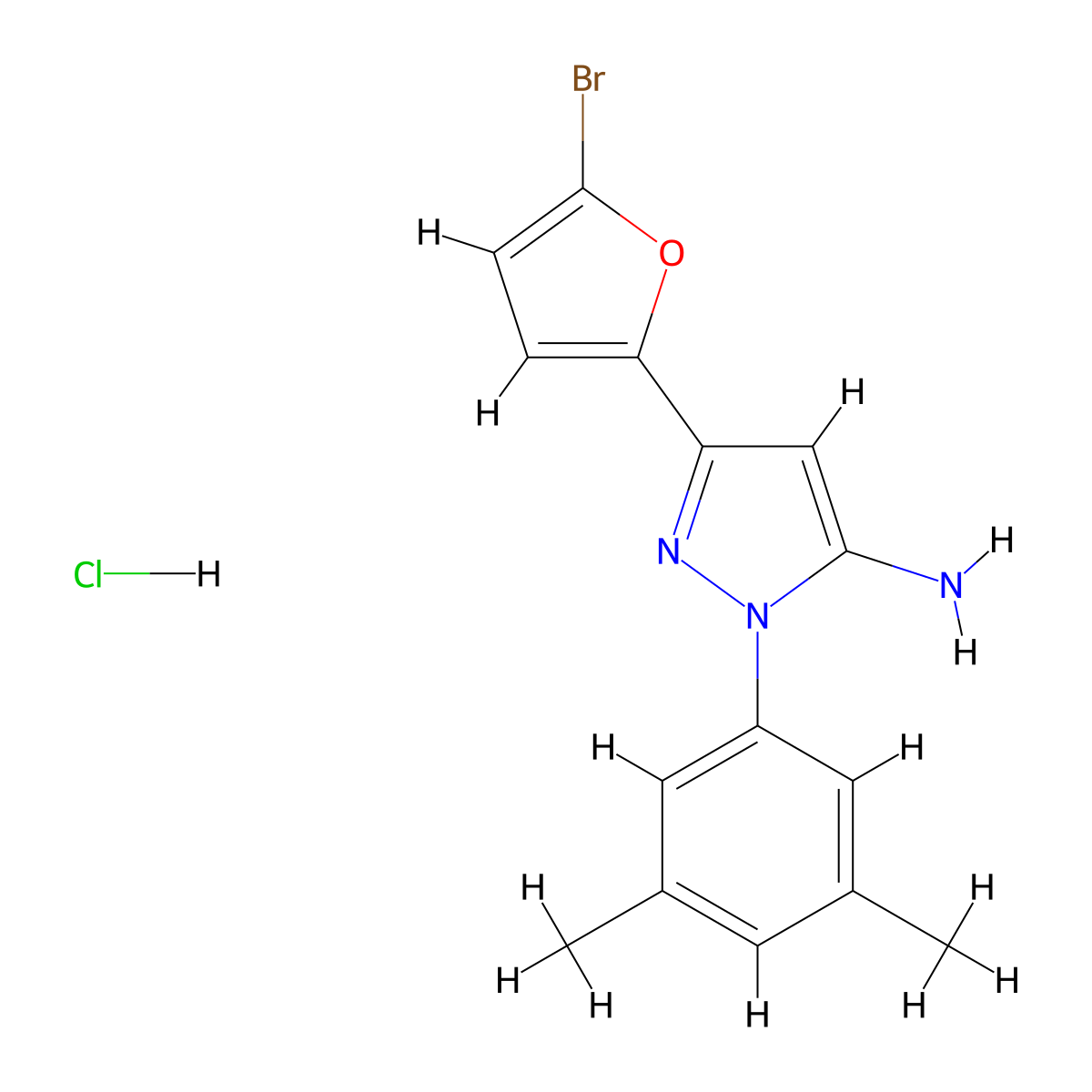 5-(5-bromofuran-2-yl)-2-(3,5-dimethylphenyl)-2,3-dihydro-1H-pyrazol-3-imine hydrochloride molecular structure, CAS 1333805-60-9
