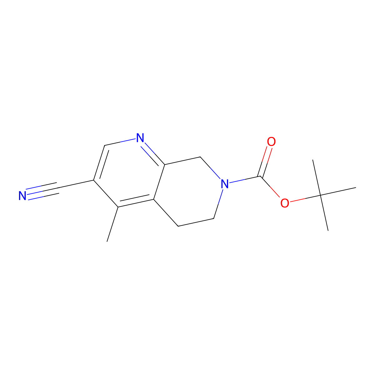 Tert-butyl 3-cyano-4-methyl-5,6-dihydro-1,7-naphthyridine-7(8H)-carboxylate molecular structure, CAS 1333996-57-8