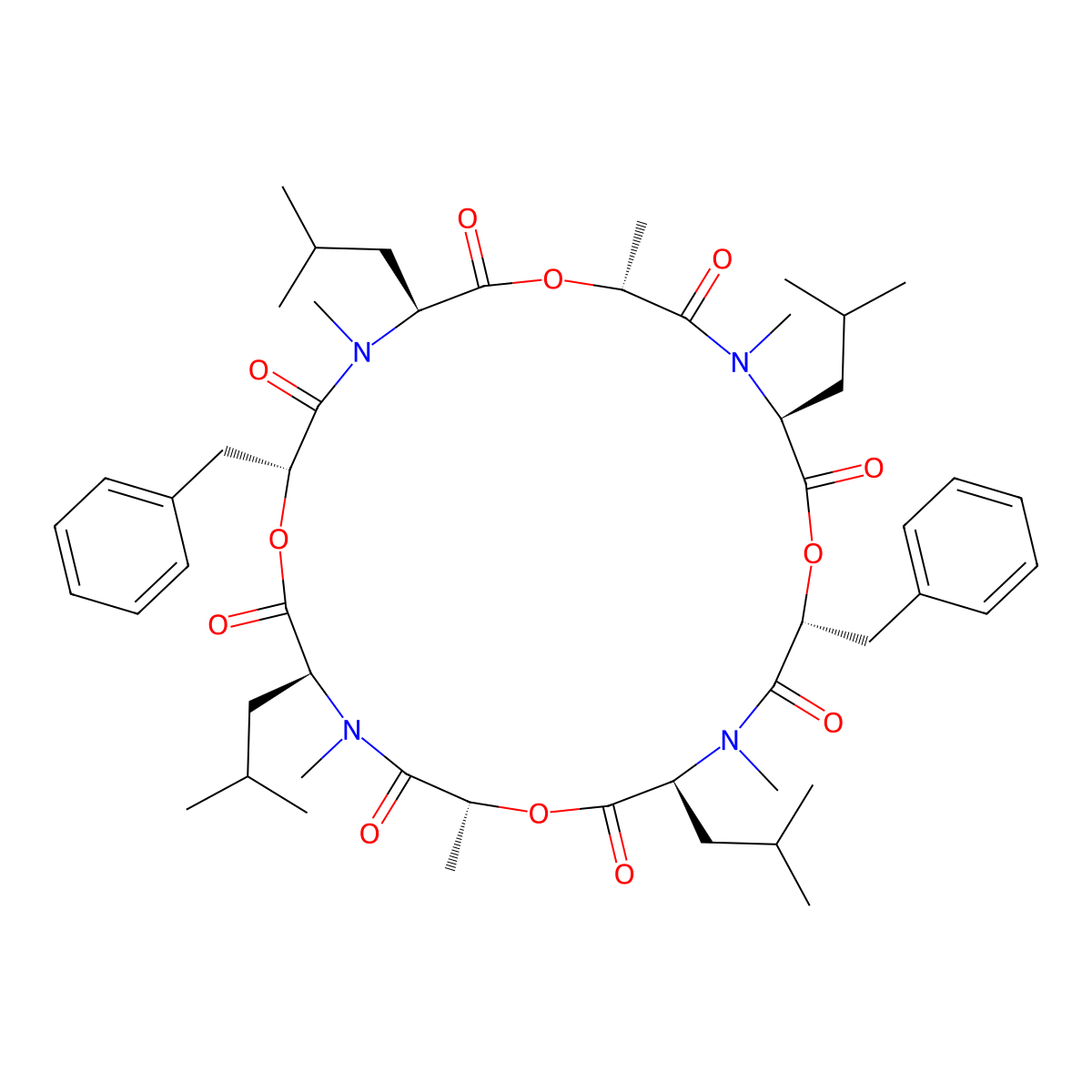 (3S,6R,9S,12R,15S,18R,21S,24R)-6,18-dibenzyl-3,9,15,21-tetraisobutyl-4,10,12,16,22,24-hexamethyl-1,7,13,19-tetraoxa-4,10,16,22-tetraazacyclo-tetracosane-2,5,8,11,14,17,20,23-octaone molecular structure, CAS 133413-70-4