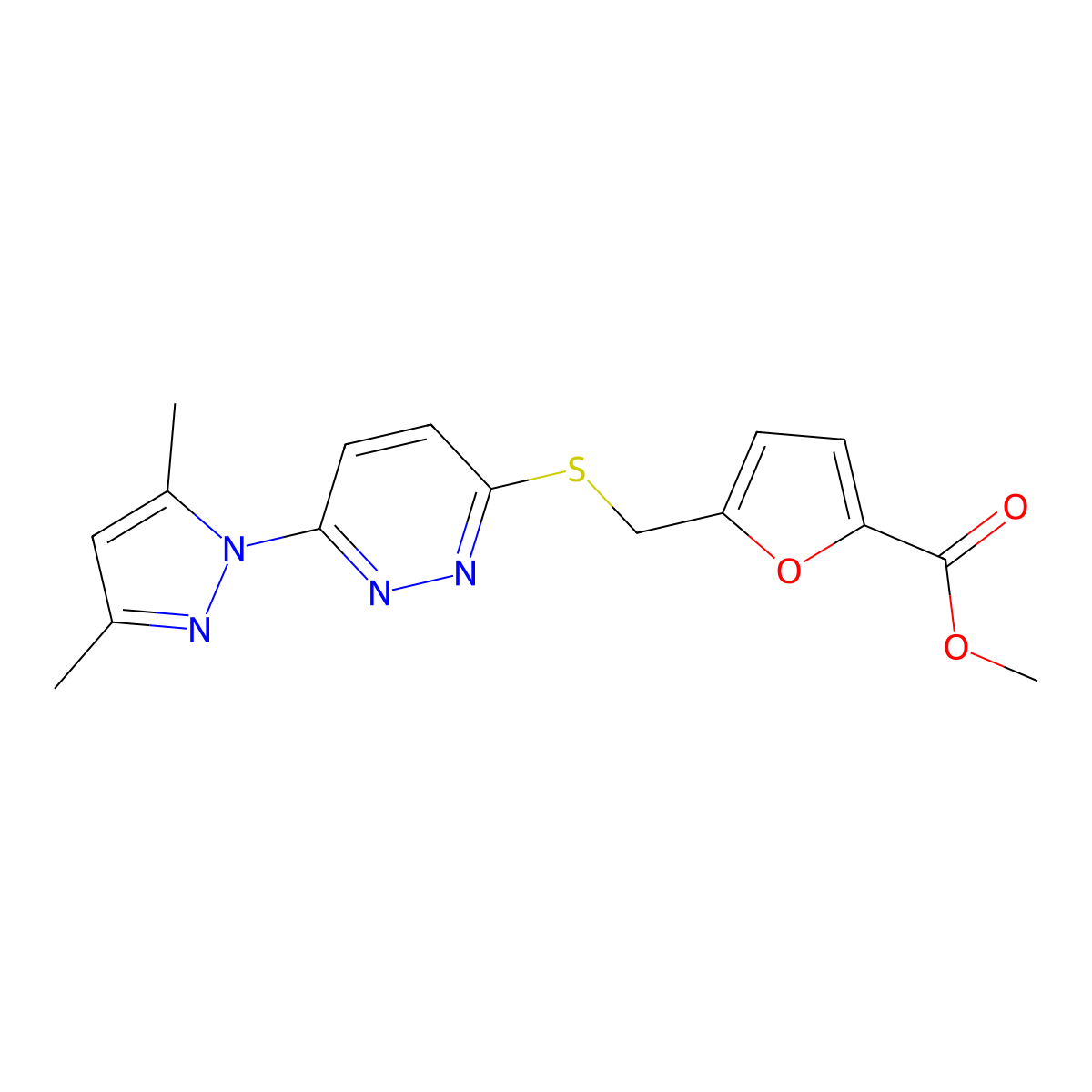 methyl 5-(((6-(3,5-dimethyl-1H-pyrazol-1-yl)pyridazin-3-yl)thio)methyl)furan-2-carboxylate molecular structure, CAS 1334368-46-5