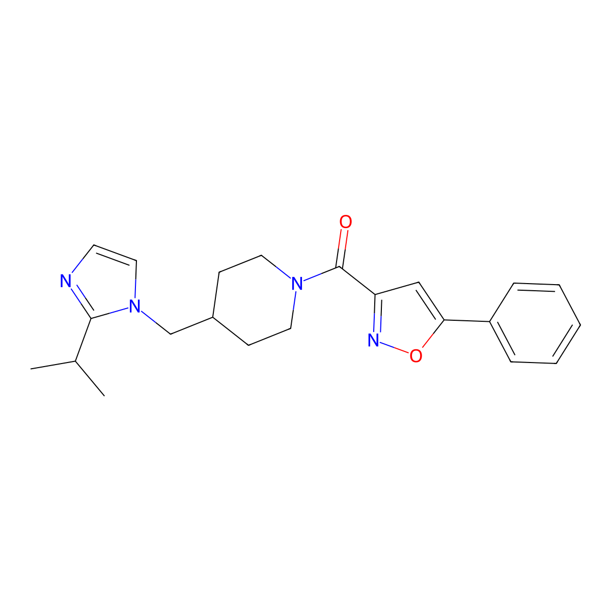 (4-((2-isopropyl-1H-imidazol-1-yl)methyl)piperidin-1-yl)(5-phenylisoxazol-3-yl)methanone molecular structure, CAS 1334368-52-3