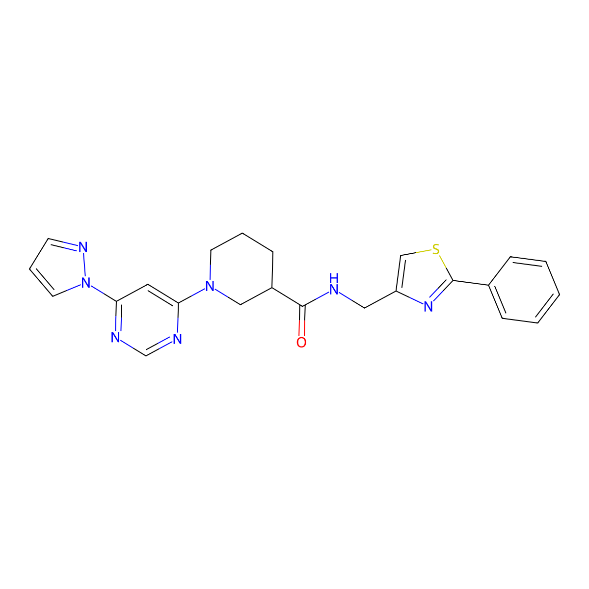1-(6-(1H-pyrazol-1-yl)pyrimidin-4-yl)-N-((2-phenylthiazol-4-yl)methyl)piperidine-3-carboxamide molecular structure, CAS 1334368-60-3