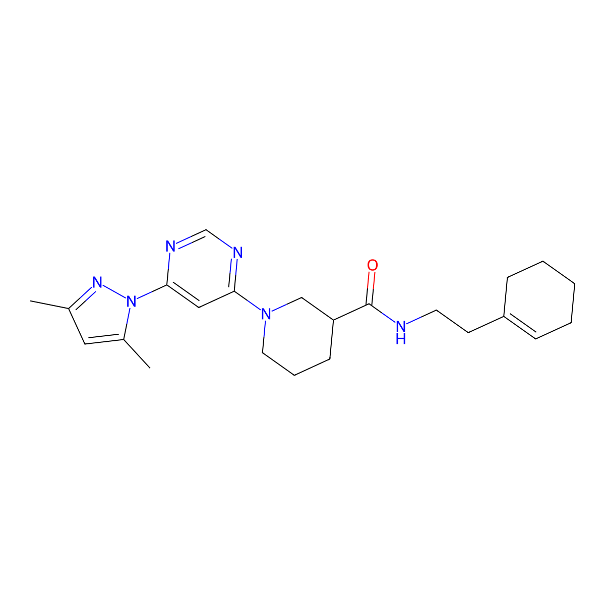 N-[2-(cyclohex-1-en-1-yl)ethyl]-1-[6-(3,5-dimethyl-1H-pyrazol-1-yl)pyrimidin-4-yl]piperidine-3-carboxamide molecular structure, CAS 1334368-67-0