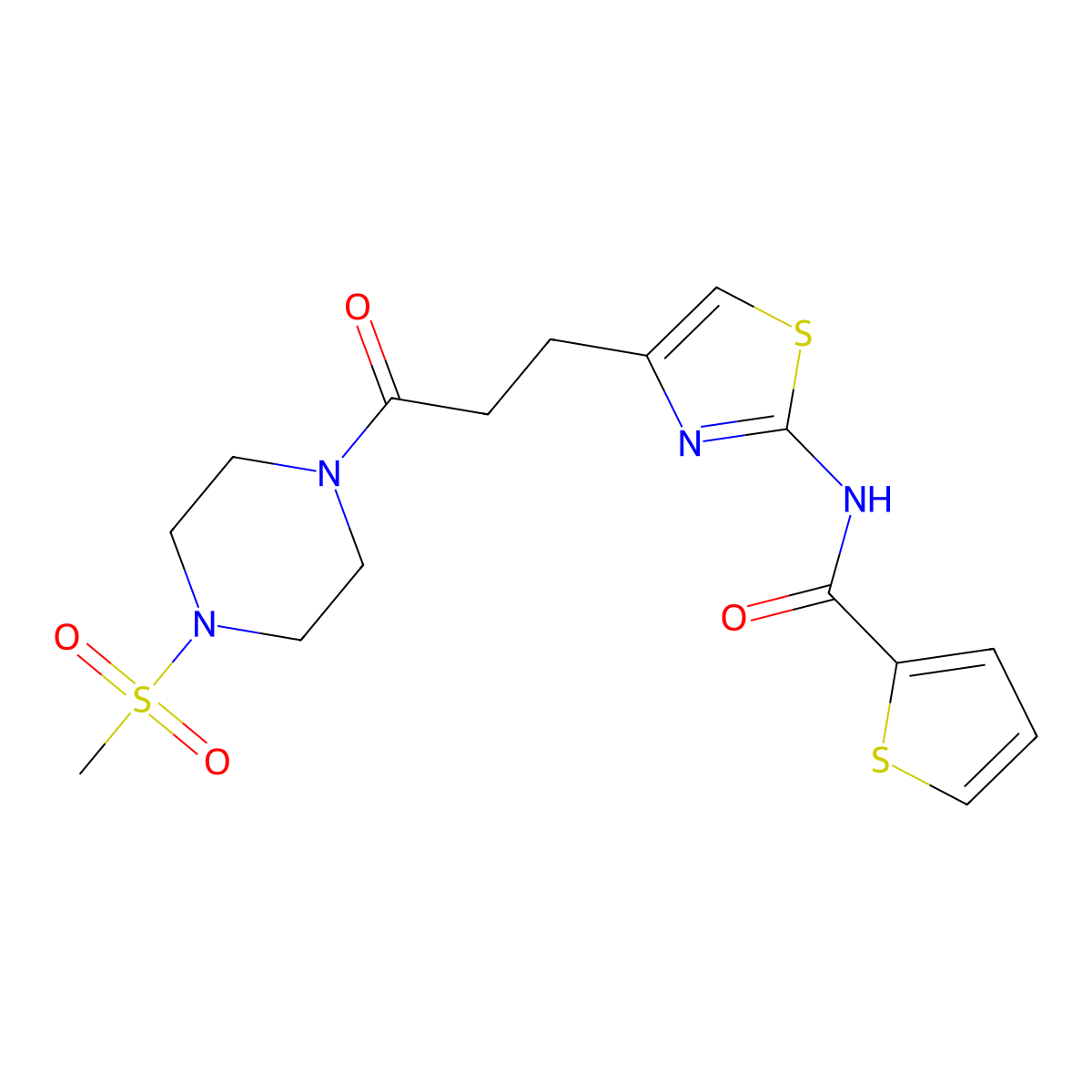 N-(4-(3-(4-(methylsulfonyl)piperazin-1-yl)-3-oxopropyl)thiazol-2-yl)thiophene-2-carboxamide molecular structure, CAS 1334368-69-2