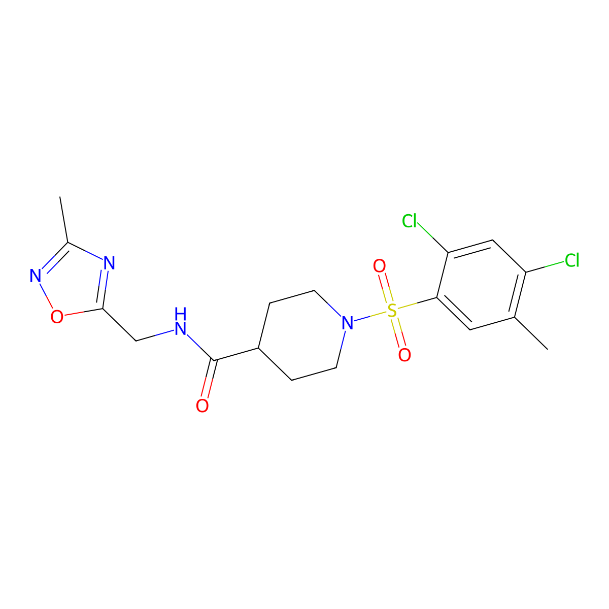 1-((2,4-dichloro-5-methylphenyl)sulfonyl)-N-((3-methyl-1,2,4-oxadiazol-5-yl)methyl)piperidine-4-carboxamide molecular structure, CAS 1334368-75-0