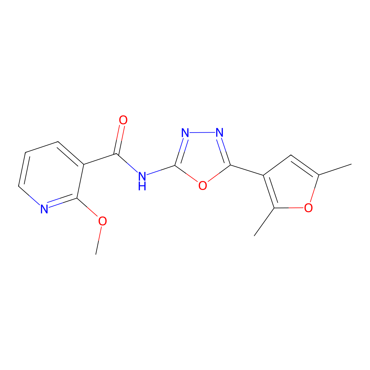 N-(5-(2,5-dimethylfuran-3-yl)-1,3,4-oxadiazol-2-yl)-2-methoxynicotinamide molecular structure, CAS 1334368-77-2