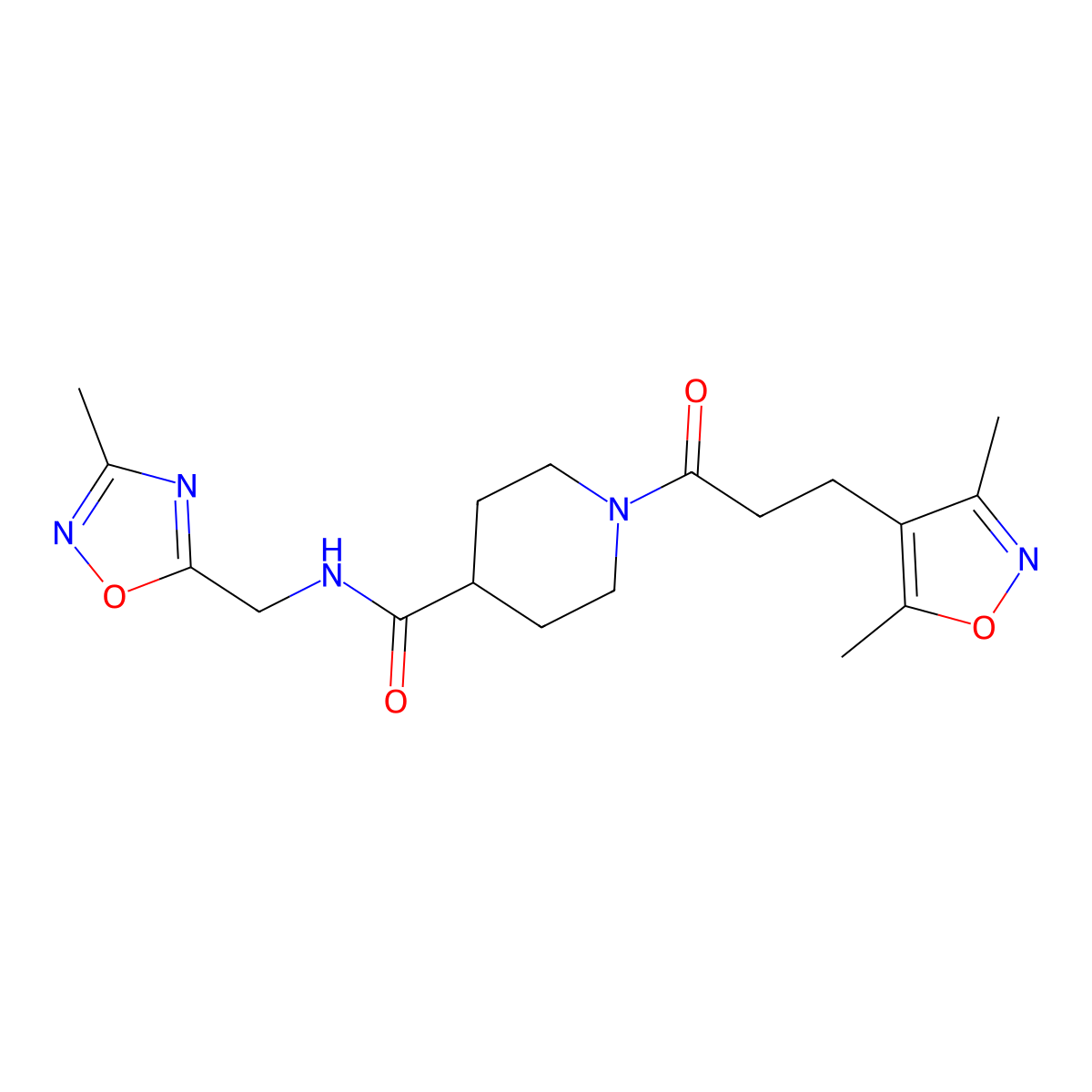 1-(3-(3,5-dimethylisoxazol-4-yl)propanoyl)-N-((3-methyl-1,2,4-oxadiazol-5-yl)methyl)piperidine-4-carboxamide molecular structure, CAS 1334368-90-9
