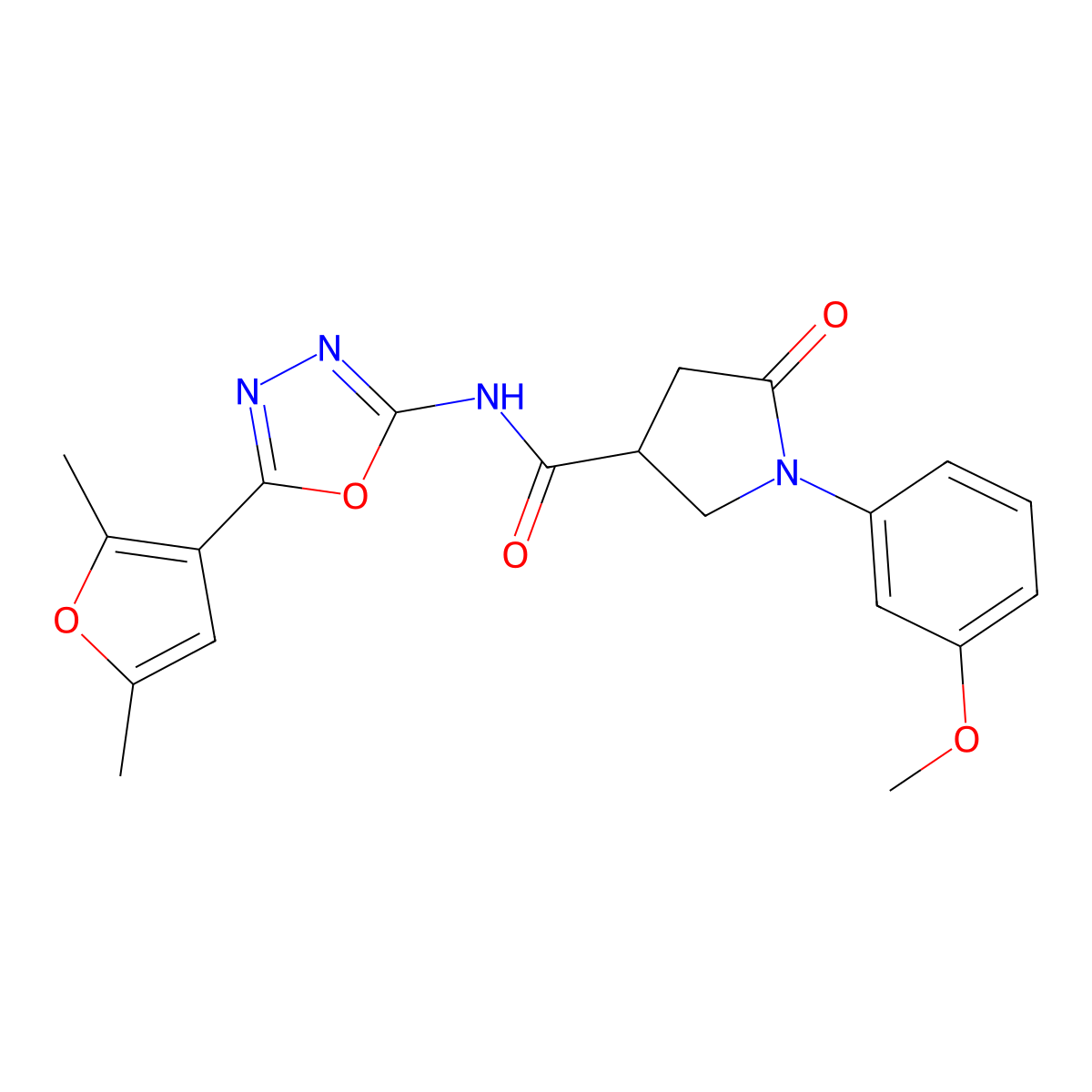 N-[5-(2,5-dimethylfuran-3-yl)-1,3,4-oxadiazol-2-yl]-1-(3-methoxyphenyl)-5-oxopyrrolidine-3-carboxamide molecular structure, CAS 1334368-97-6
