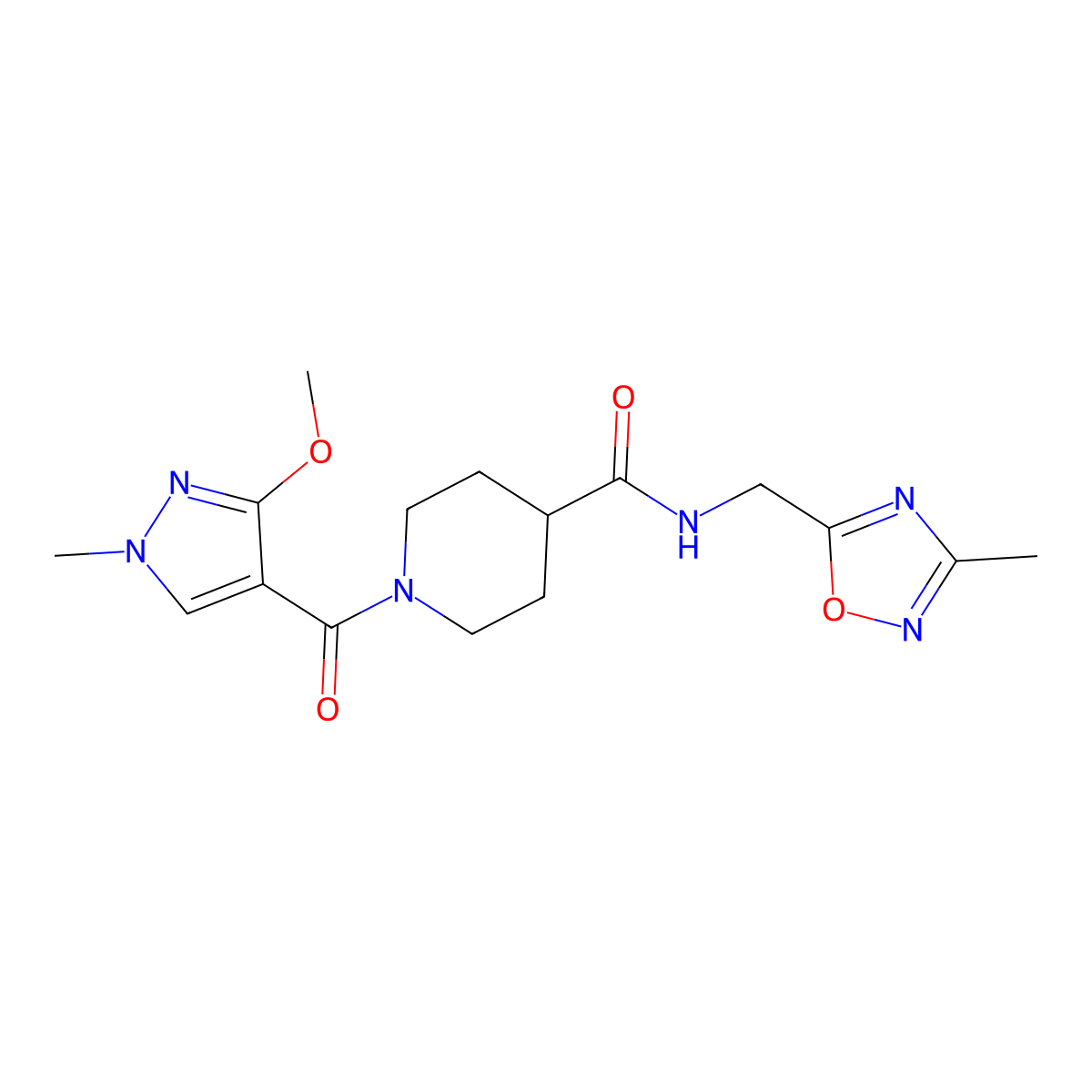 1-(3-methoxy-1-methyl-1H-pyrazole-4-carbonyl)-N-[(3-methyl-1,2,4-oxadiazol-5-yl)methyl]piperidine-4-carboxamide molecular structure, CAS 1334369-03-7