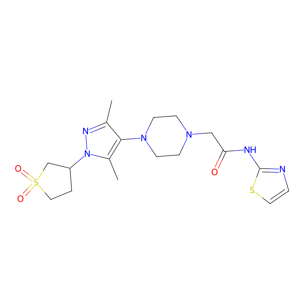 2-(4-(1-(1,1-dioxidotetrahydrothiophen-3-yl)-3,5-dimethyl-1H-pyrazol-4-yl)piperazin-1-yl)-N-(thiazol-2-yl)acetamide molecular structure, CAS 1334369-19-5