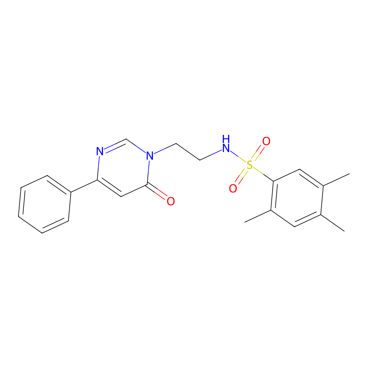 2,4,5-trimethyl-N-(2-(6-oxo-4-phenylpyrimidin-1(6H)-yl)ethyl)benzenesulfonamide molecular structure, CAS 1334369-22-0