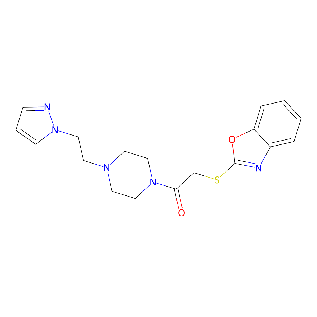 1-(4-(2-(1H-pyrazol-1-yl)ethyl)piperazin-1-yl)-2-(benzo[d]oxazol-2-ylthio)ethanone molecular structure, CAS 1334369-23-1