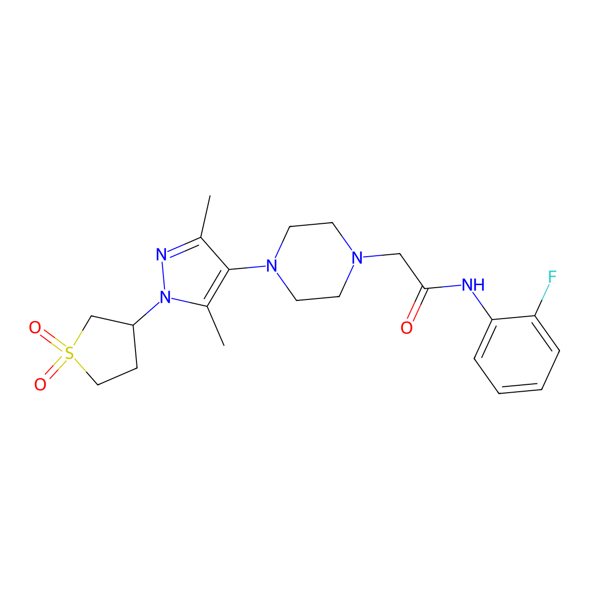 2-(4-(1-(1,1-dioxidotetrahydrothiophen-3-yl)-3,5-dimethyl-1H-pyrazol-4-yl)piperazin-1-yl)-N-(2-fluorophenyl)acetamide molecular structure, CAS 1334369-28-6