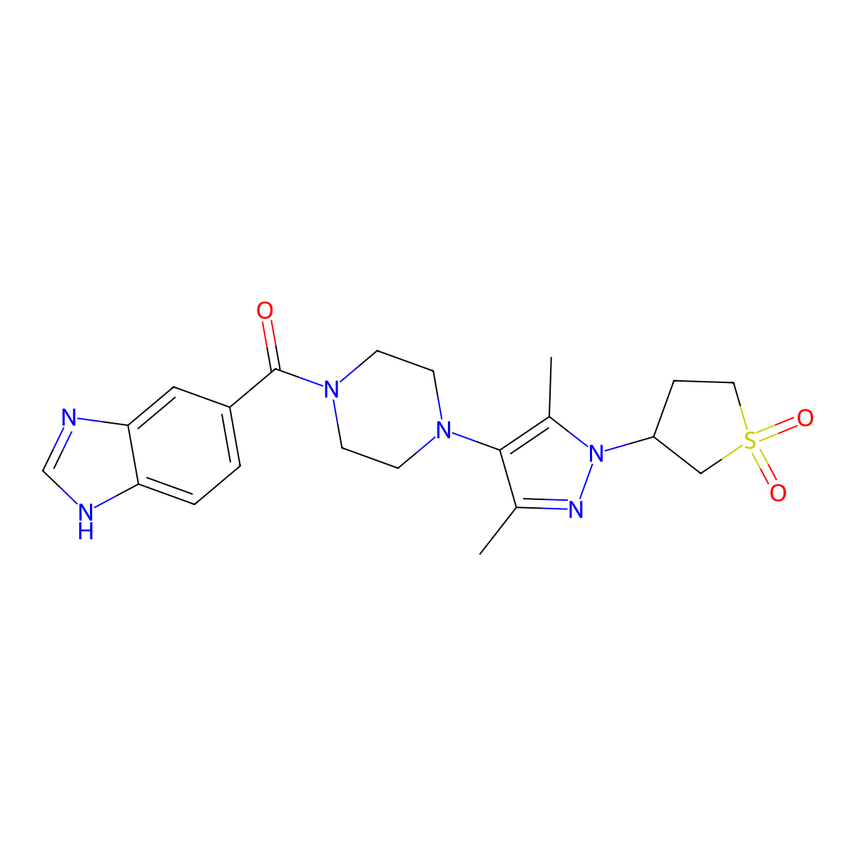 (1H-benzo[d]imidazol-5-yl)(4-(1-(1,1-dioxidotetrahydrothiophen-3-yl)-3,5-dimethyl-1H-pyrazol-4-yl)piperazin-1-yl)methanone molecular structure, CAS 1334369-42-4