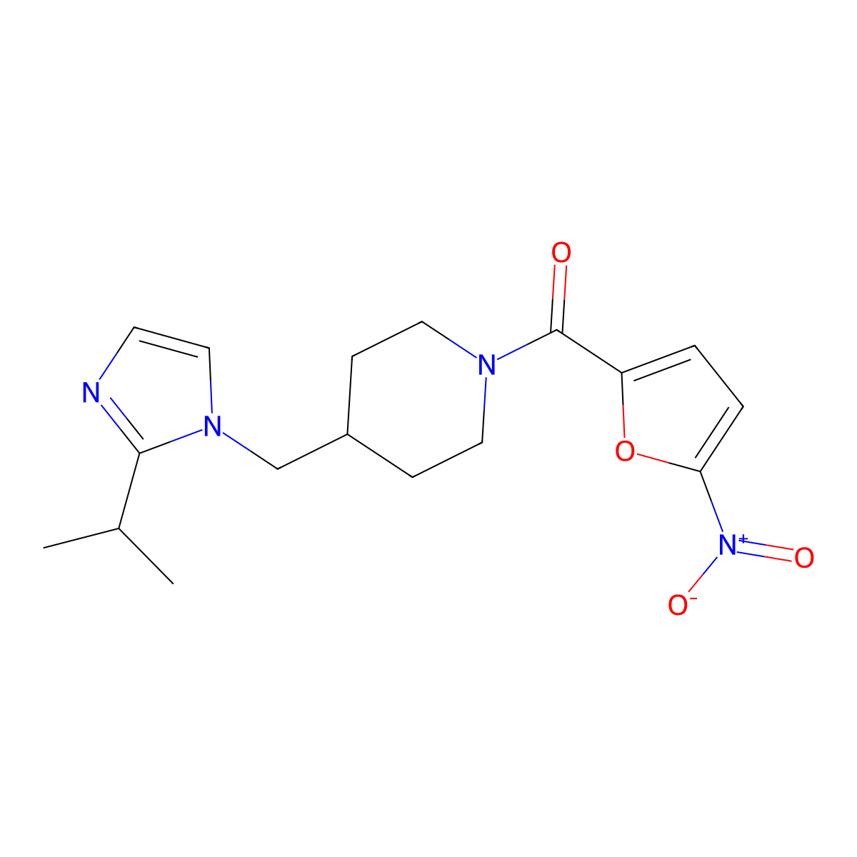 (4-((2-isopropyl-1H-imidazol-1-yl)methyl)piperidin-1-yl)(5-nitrofuran-2-yl)methanone molecular structure, CAS 1334369-70-8