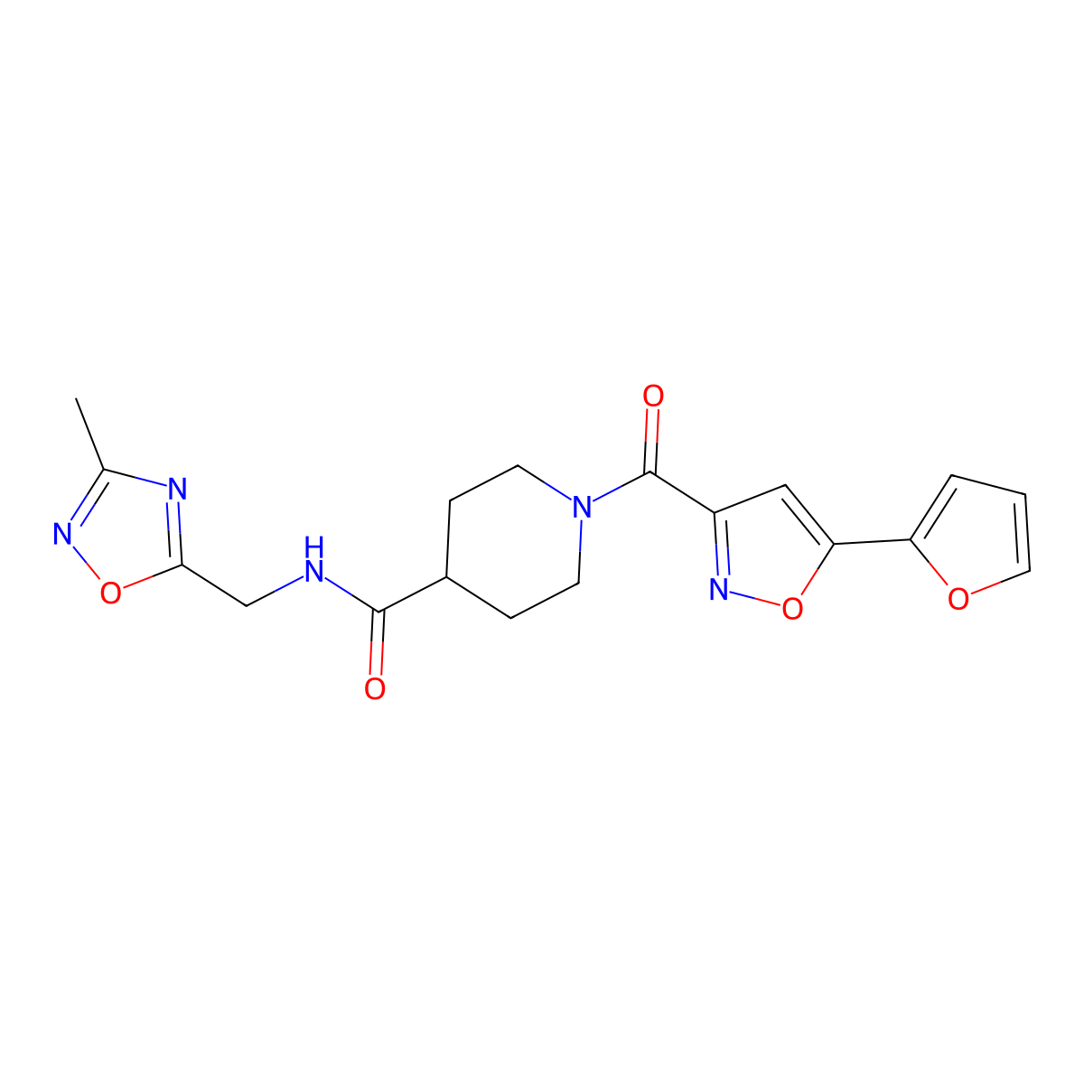 1-(5-(furan-2-yl)isoxazole-3-carbonyl)-N-((3-methyl-1,2,4-oxadiazol-5-yl)methyl)piperidine-4-carboxamide molecular structure, CAS 1334369-71-9