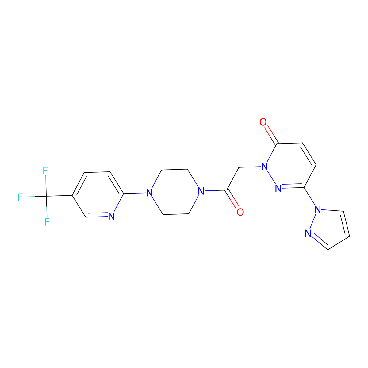 2-(2-oxo-2-(4-(5-(trifluoromethyl)pyridin-2-yl)piperazin-1-yl)ethyl)-6-(1H-pyrazol-1-yl)pyridazin-3(2H)-one molecular structure, CAS 1334369-80-0