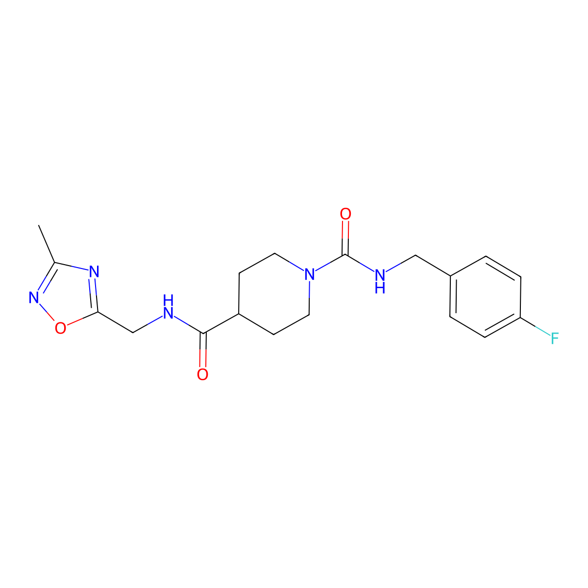 N1-(4-fluorobenzyl)-N4-((3-methyl-1,2,4-oxadiazol-5-yl)methyl)piperidine-1,4-dicarboxamide molecular structure, CAS 1334369-87-7