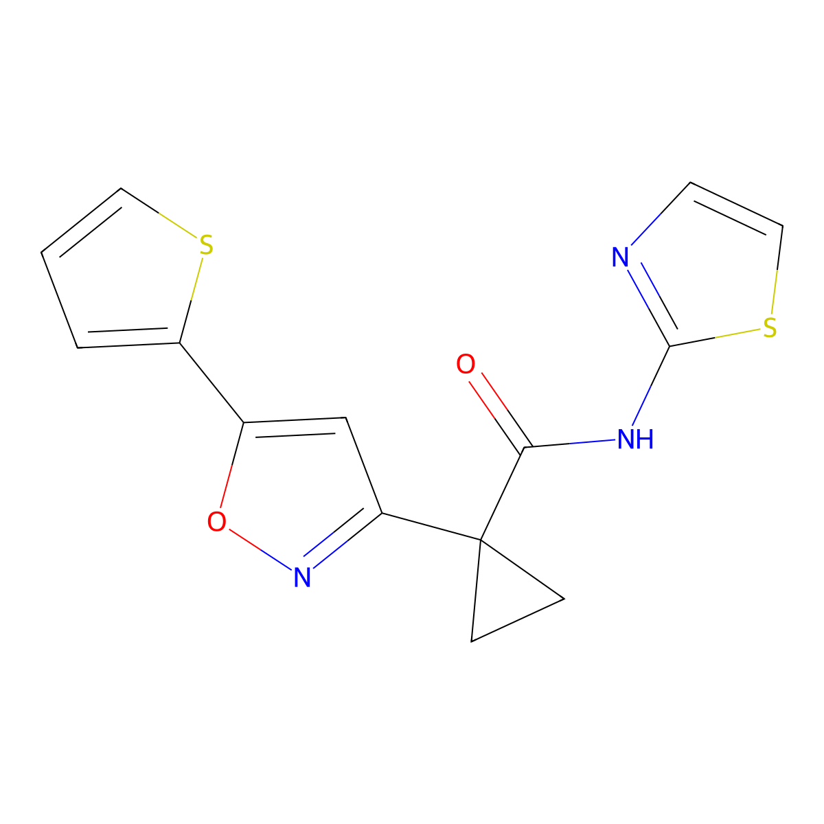 N-(thiazol-2-yl)-1-(5-(thiophen-2-yl)isoxazol-3-yl)cyclopropanecarboxamide molecular structure, CAS 1334369-94-6