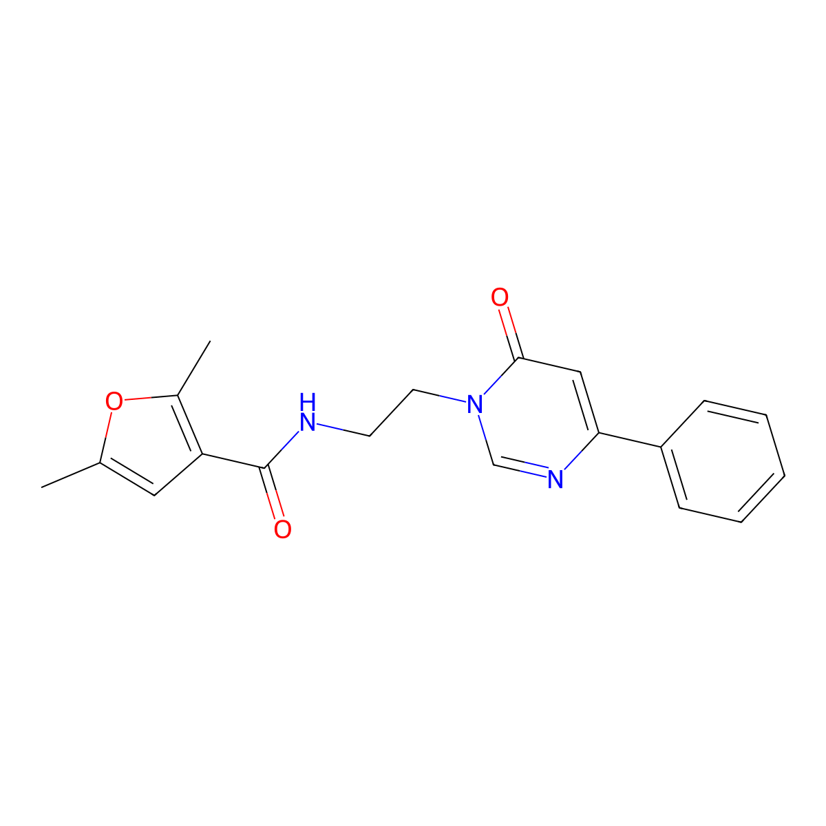 2,5-dimethyl-N-(2-(6-oxo-4-phenylpyrimidin-1(6H)-yl)ethyl)furan-3-carboxamide molecular structure, CAS 1334369-96-8