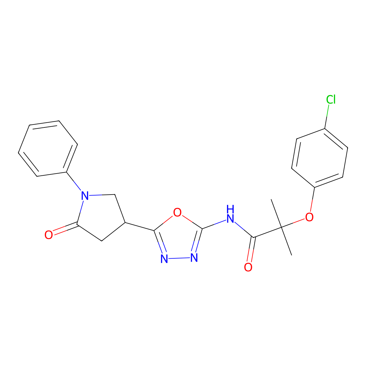 2-(4-chlorophenoxy)-2-methyl-N-[5-(5-oxo-1-phenylpyrrolidin-3-yl)-1,3,4-oxadiazol-2-yl]propanamide molecular structure, CAS 1334369-99-1