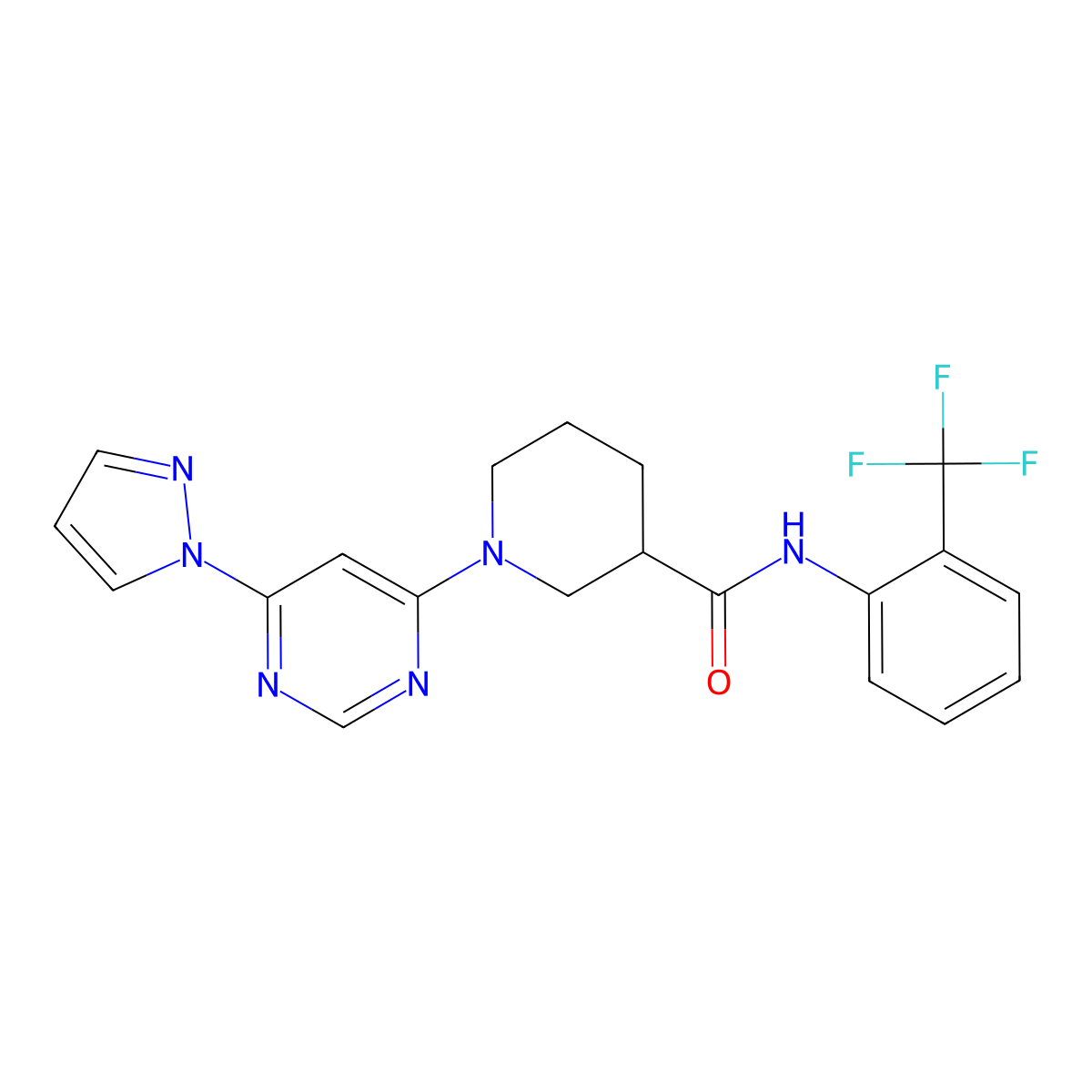 1-[6-(1H-pyrazol-1-yl)pyrimidin-4-yl]-N-[2-(trifluoromethyl)phenyl]piperidine-3-carboxamide molecular structure, CAS 1334370-02-3