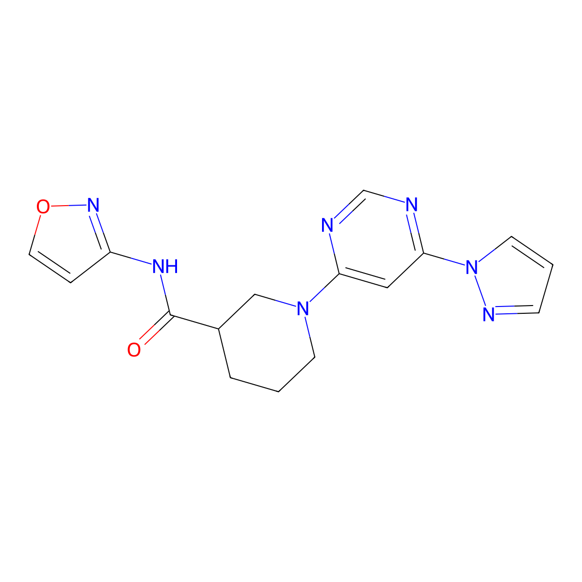 1-(6-(1H-pyrazol-1-yl)pyrimidin-4-yl)-N-(isoxazol-3-yl)piperidine-3-carboxamide molecular structure, CAS 1334370-12-5