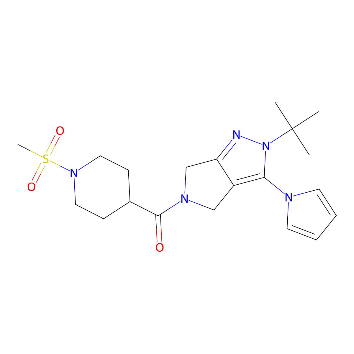 (2-(tert-butyl)-3-(1H-pyrrol-1-yl)pyrrolo[3,4-c]pyrazol-5(2H,4H,6H)-yl)(1-(methylsulfonyl)piperidin-4-yl)methanone molecular structure, CAS 1334370-14-7