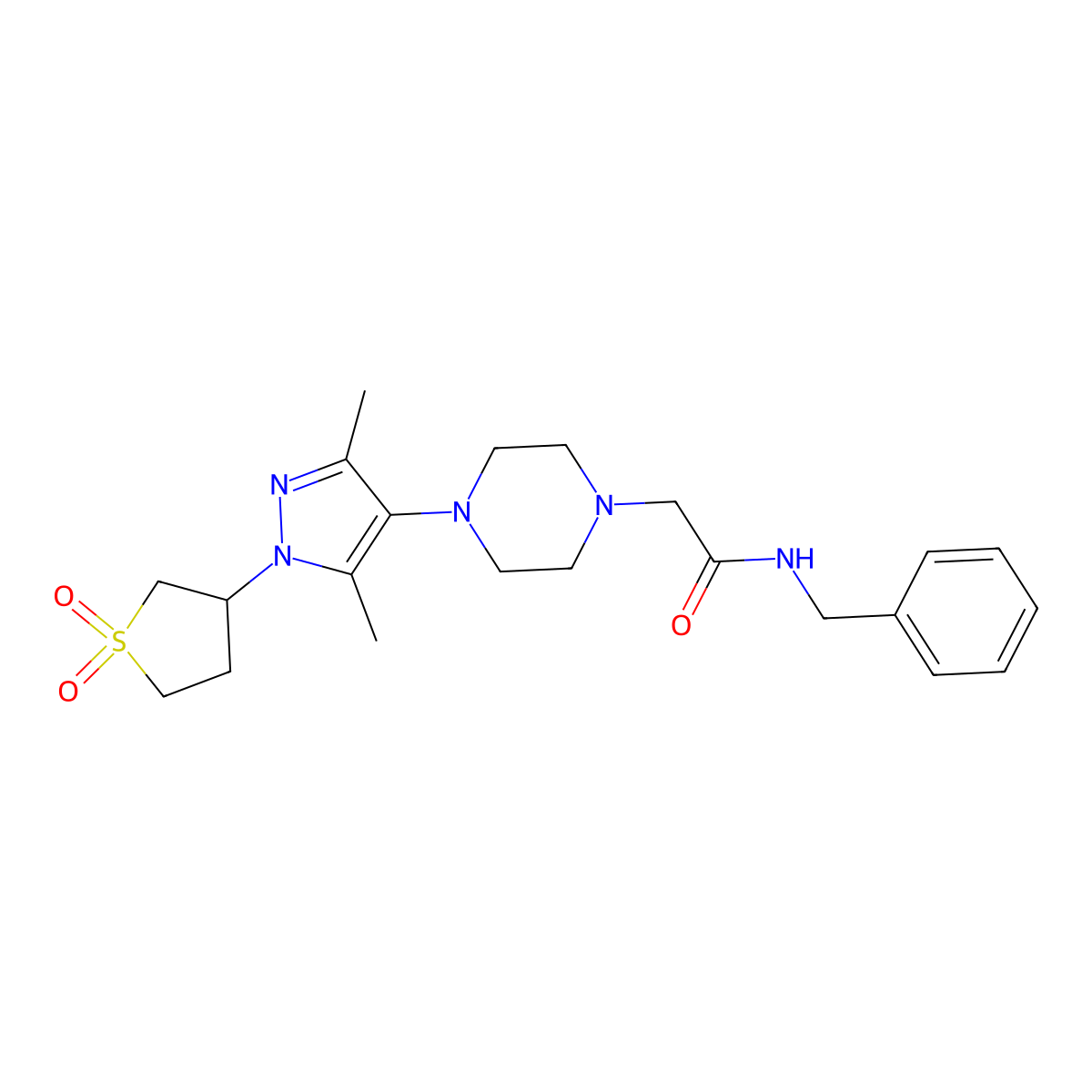 N-benzyl-2-(4-(1-(1,1-dioxidotetrahydrothiophen-3-yl)-3,5-dimethyl-1H-pyrazol-4-yl)piperazin-1-yl)acetamide molecular structure, CAS 1334370-26-1
