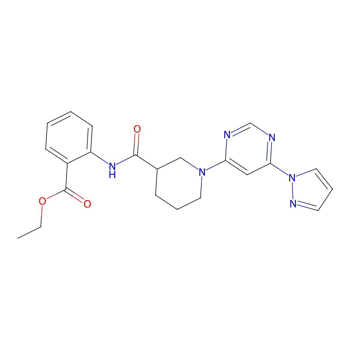 ethyl 2-(1-(6-(1H-pyrazol-1-yl)pyrimidin-4-yl)piperidine-3-carboxamido)benzoate molecular structure, CAS 1334370-37-4