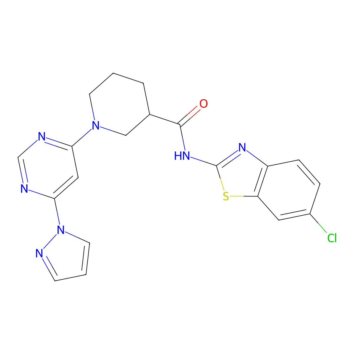 1-(6-(1H-pyrazol-1-yl)pyrimidin-4-yl)-N-(6-chlorobenzo[d]thiazol-2-yl)piperidine-3-carboxamide molecular structure, CAS 1334370-41-0
