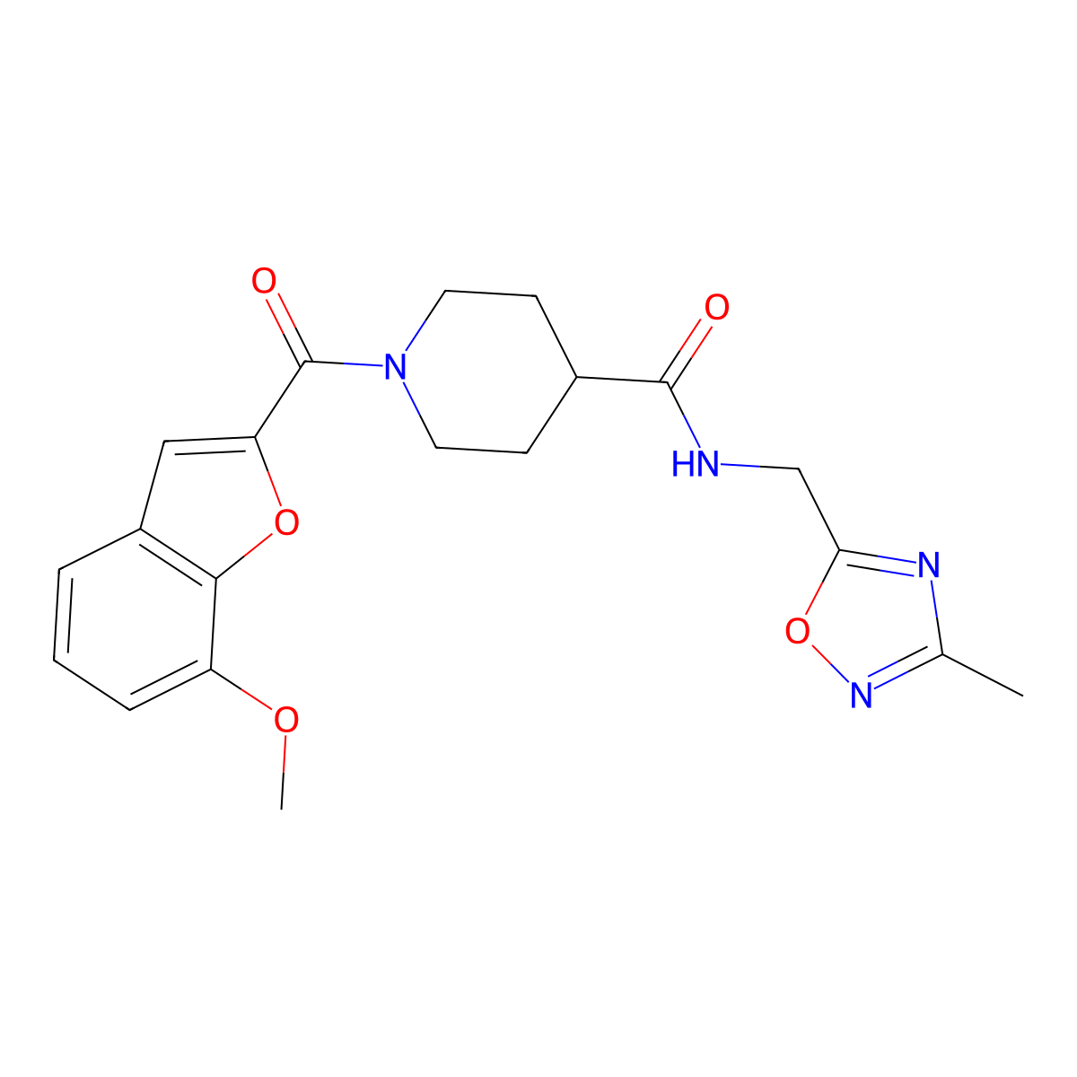 1-(7-methoxybenzofuran-2-carbonyl)-N-((3-methyl-1,2,4-oxadiazol-5-yl)methyl)piperidine-4-carboxamide molecular structure, CAS 1334370-42-1