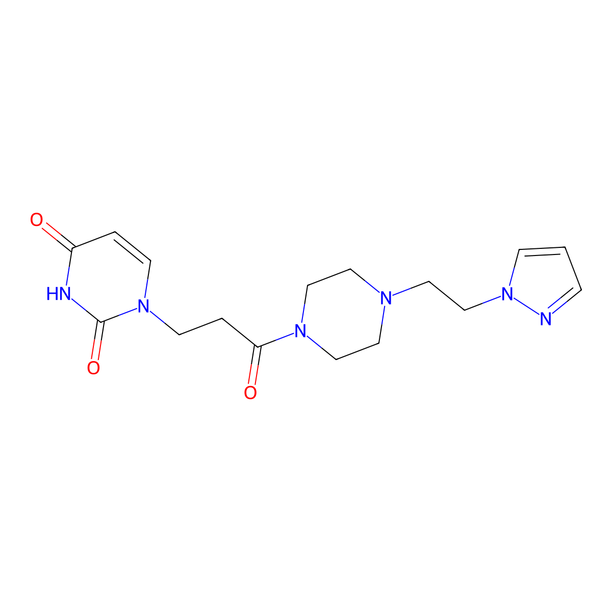 1-(3-(4-(2-(1H-pyrazol-1-yl)ethyl)piperazin-1-yl)-3-oxopropyl)pyrimidine-2,4(1H,3H)-dione molecular structure, CAS 1334370-53-4