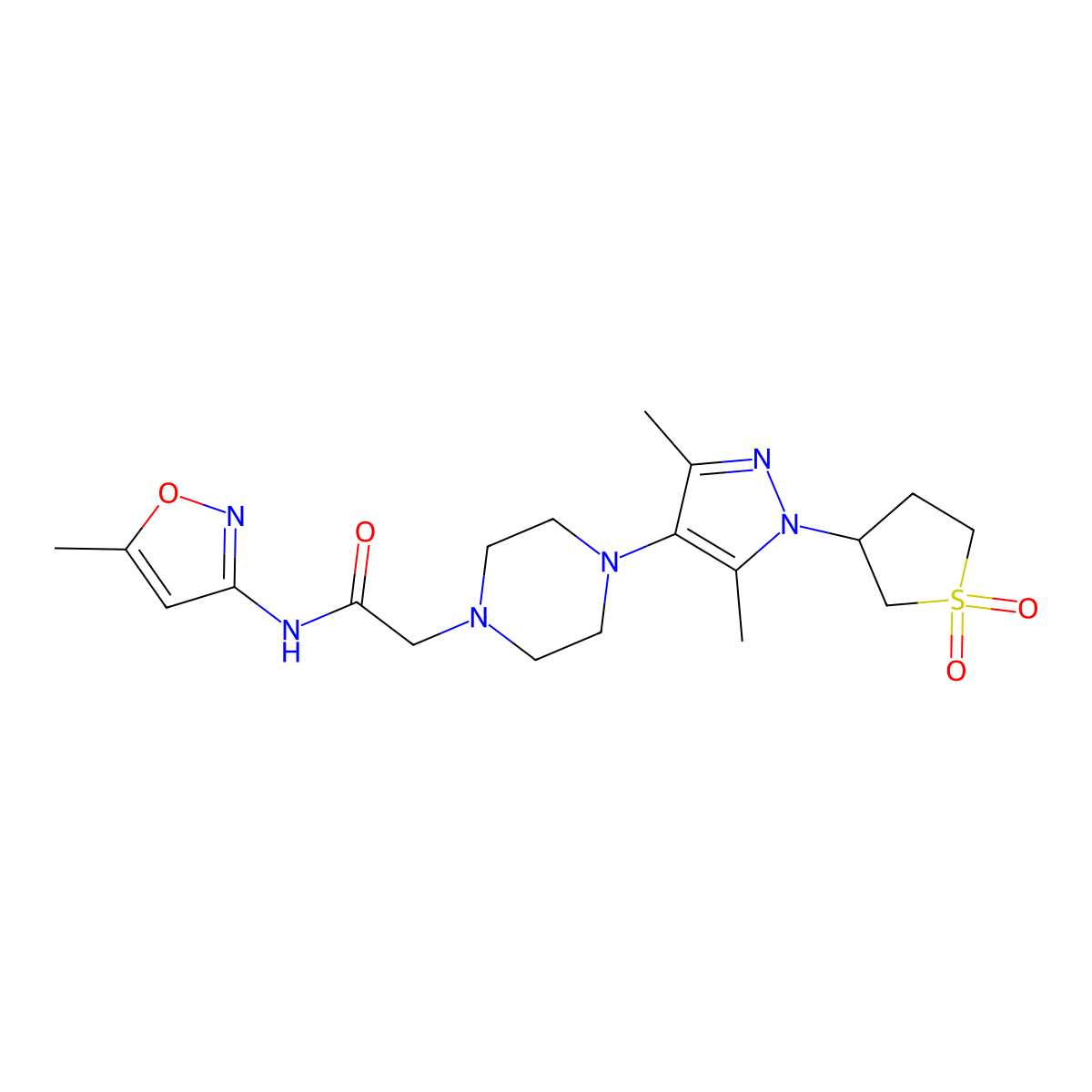 2-(4-(1-(1,1-dioxidotetrahydrothiophen-3-yl)-3,5-dimethyl-1H-pyrazol-4-yl)piperazin-1-yl)-N-(5-methylisoxazol-3-yl)acetamide molecular structure, CAS 1334370-76-1