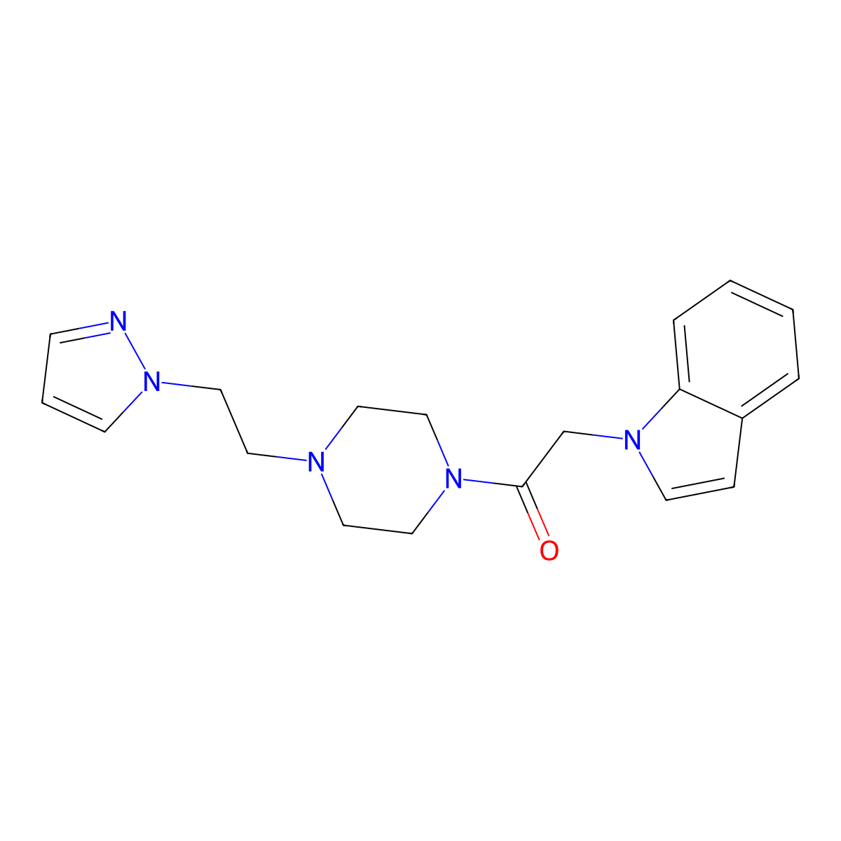 1-(4-(2-(1H-pyrazol-1-yl)ethyl)piperazin-1-yl)-2-(1H-indol-1-yl)ethanone molecular structure, CAS 1334370-81-8