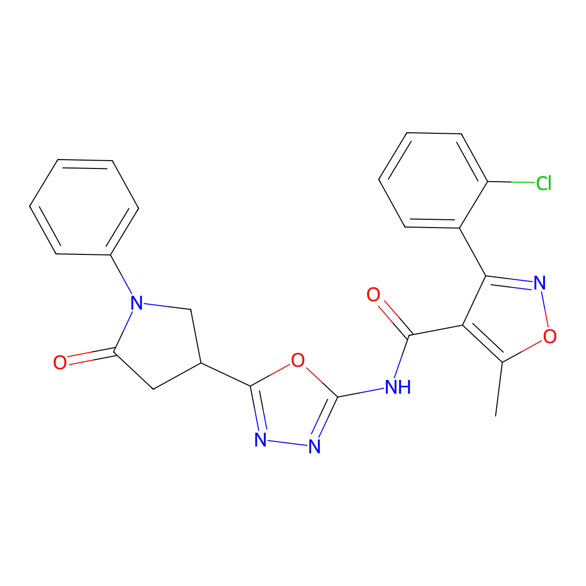 3-(2-chlorophenyl)-5-methyl-N-(5-(5-oxo-1-phenylpyrrolidin-3-yl)-1,3,4-oxadiazol-2-yl)isoxazole-4-carboxamide molecular structure, CAS 1334371-05-9
