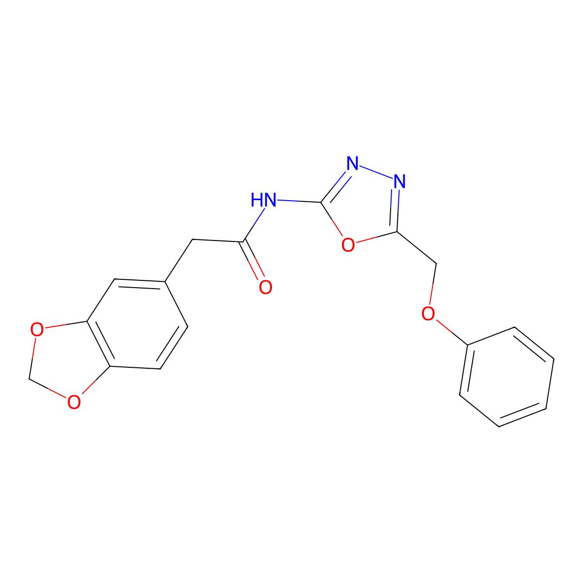 2-(benzo[d][1,3]dioxol-5-yl)-N-(5-(phenoxymethyl)-1,3,4-oxadiazol-2-yl)acetamide molecular structure, CAS 1334371-12-8