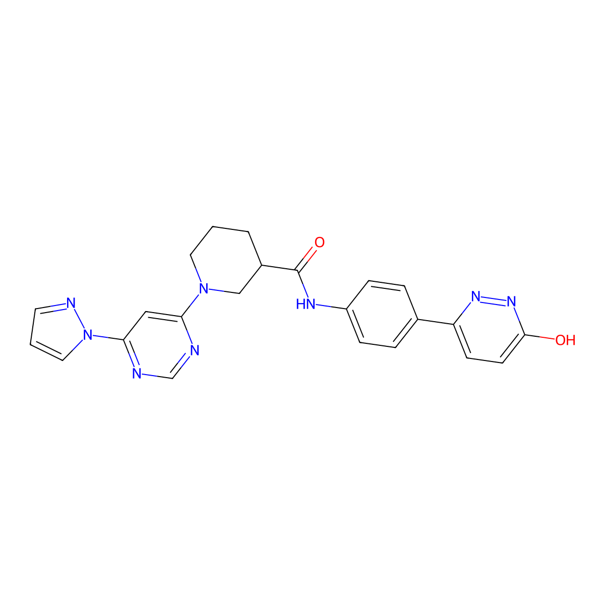 1-(6-(1H-pyrazol-1-yl)pyrimidin-4-yl)-N-(4-(6-hydroxypyridazin-3-yl)phenyl)piperidine-3-carboxamide molecular structure, CAS 1334371-48-0