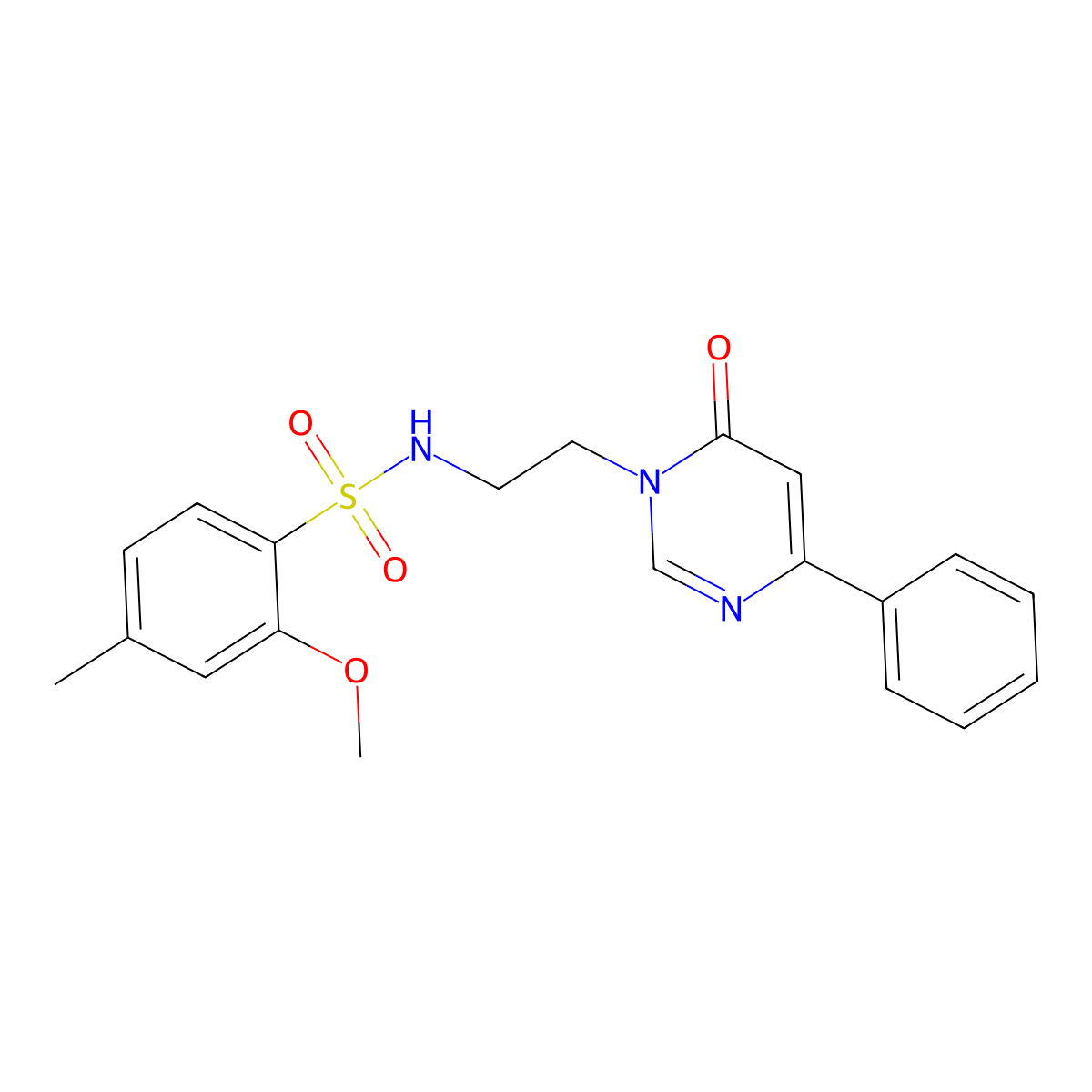 2-methoxy-4-methyl-N-(2-(6-oxo-4-phenylpyrimidin-1(6H)-yl)ethyl)benzenesulfonamide molecular structure, CAS 1334371-51-5