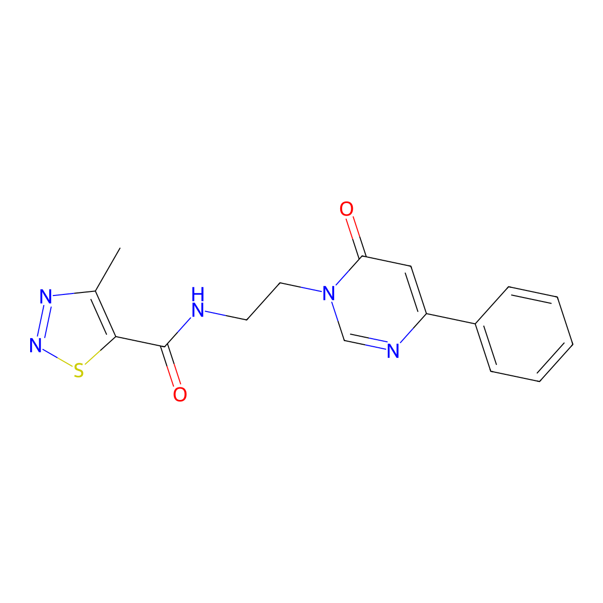 4-methyl-N-(2-(6-oxo-4-phenylpyrimidin-1(6H)-yl)ethyl)-1,2,3-thiadiazole-5-carboxamide molecular structure, CAS 1334371-69-5