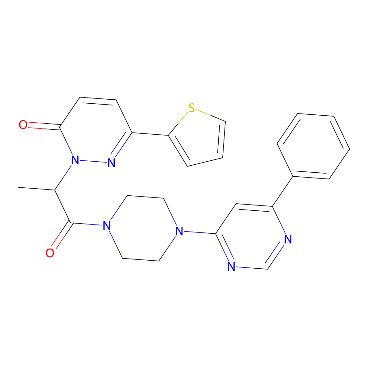 2-(1-oxo-1-(4-(6-phenylpyrimidin-4-yl)piperazin-1-yl)propan-2-yl)-6-(thiophen-2-yl)pyridazin-3(2H)-one molecular structure, CAS 1334371-99-1