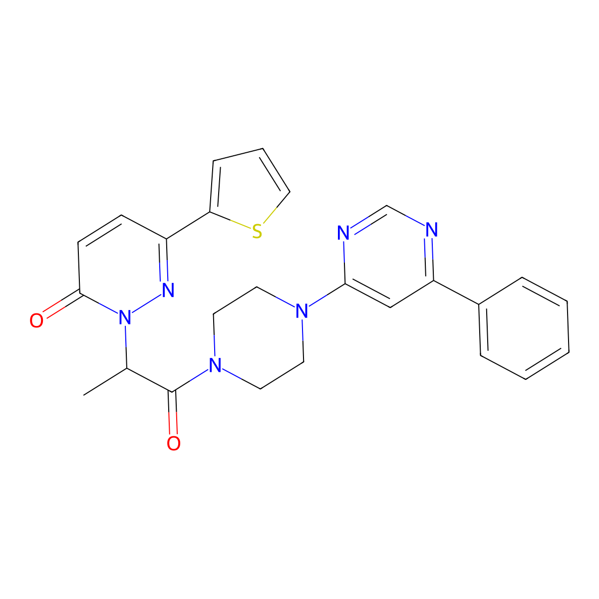 2-(1-oxo-1-(4-(6-phenylpyrimidin-4-yl)piperazin-1-yl)propan-2-yl)-6-(thiophen-2-yl)pyridazin-3(2H)-one molecular structure, CAS 1334371-99-1