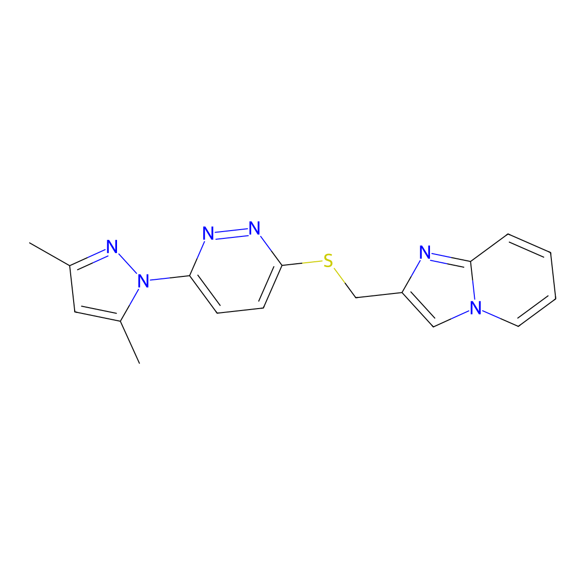 2-(((6-(3,5-dimethyl-1H-pyrazol-1-yl)pyridazin-3-yl)thio)methyl)imidazo[1,2-a]pyridine molecular structure, CAS 1334372-10-9